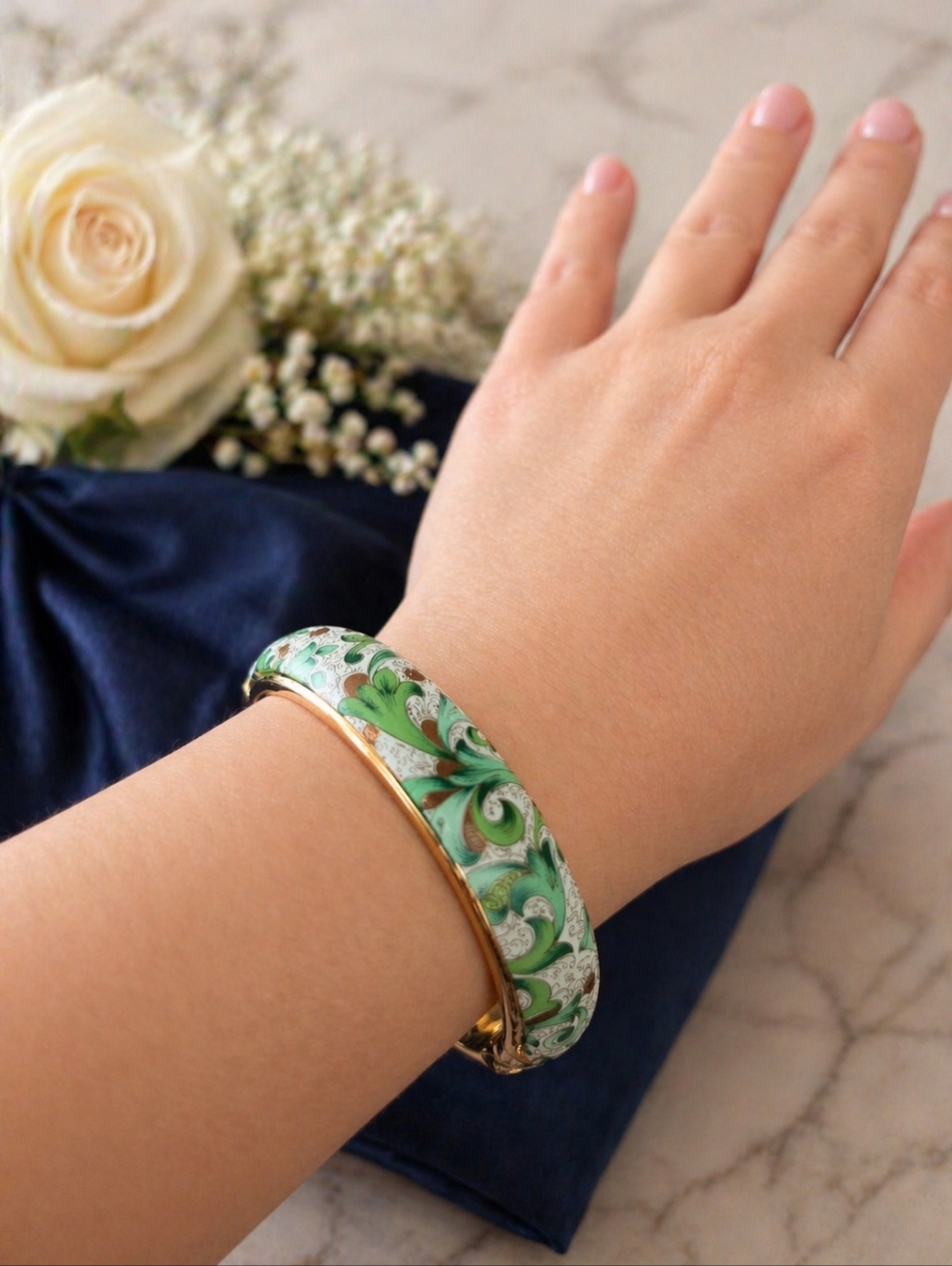 Stauer Green Floral Gold Tone Hinged Bangle Bracelet | Elegant Statement